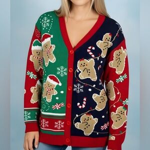 NWT Chrochetist Festive Gingerbread Cardigan Sweater - Red, Green, and Blue -- L